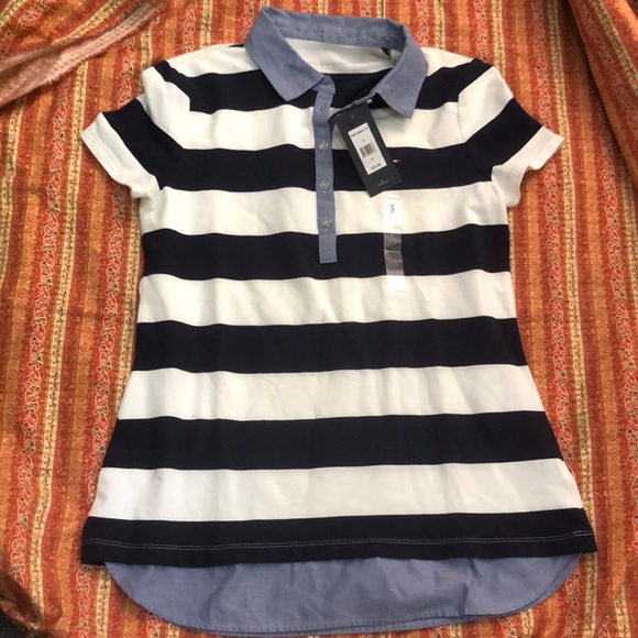 Tommy Hilfiger Blue‎ and White Striped Short Sleeve Polo Tee - Picture 1 of 4